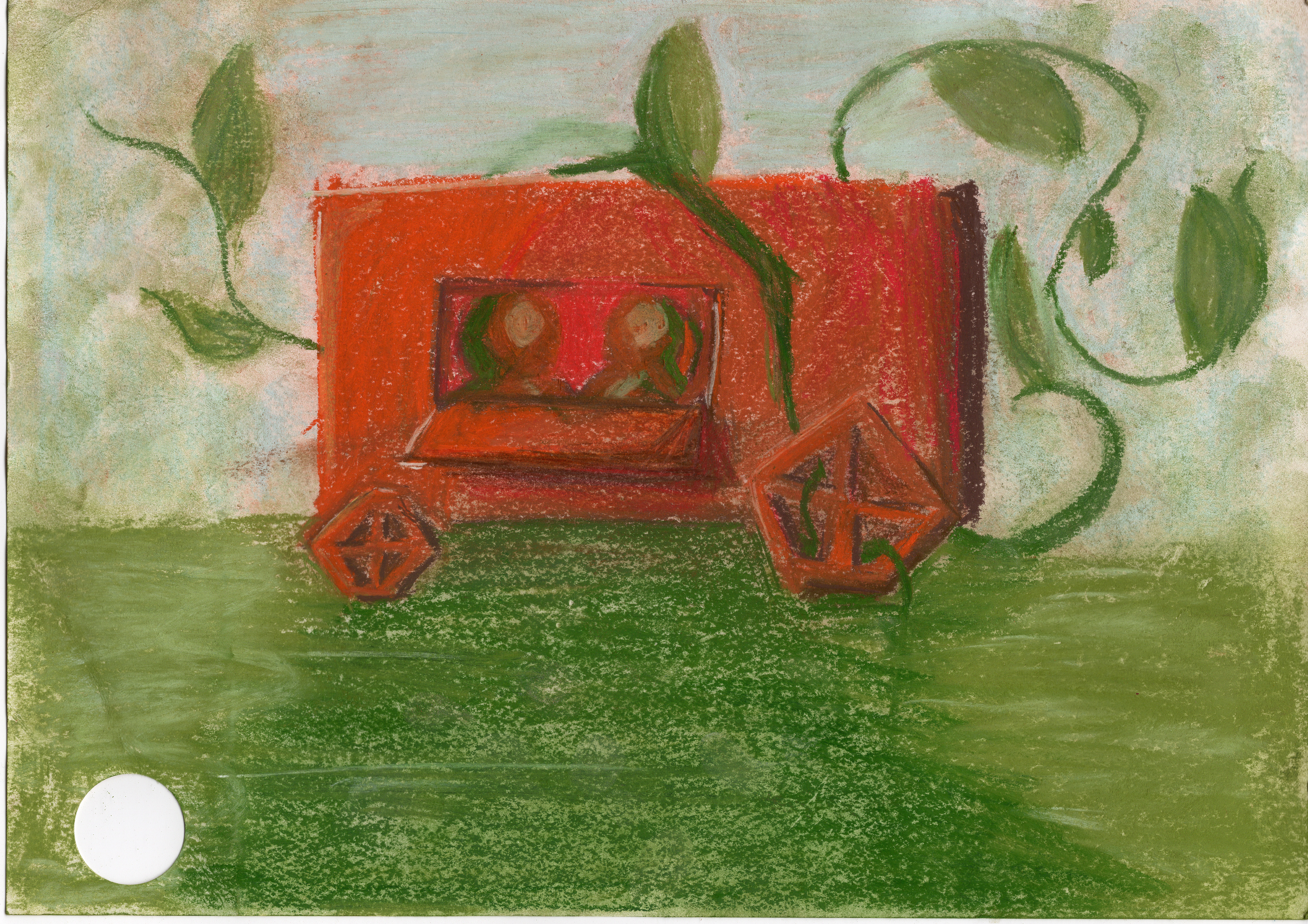 wagon wrapped in vines housing two window-facing persons